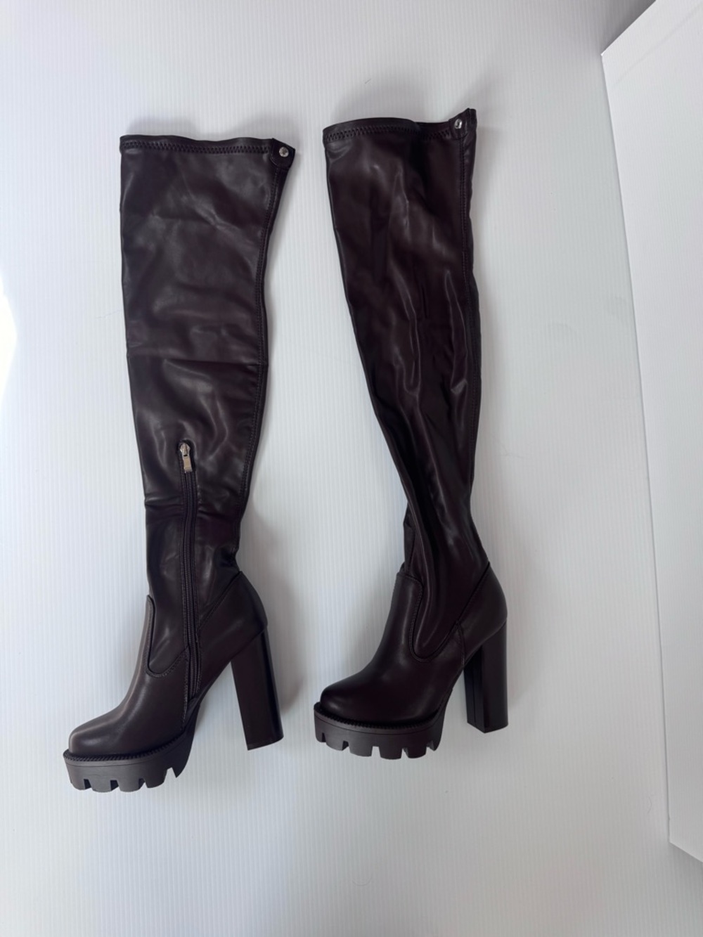 Azalea Wang Ashland Chocolate Thigh High Platform Boots | Chunky Heel Sz 6, 8.5 - Picture 4 of 7